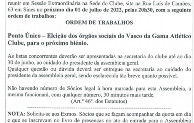 Vasco da Gama realiza Assembleia Geral nesta sexta-feira dia 1 de julho