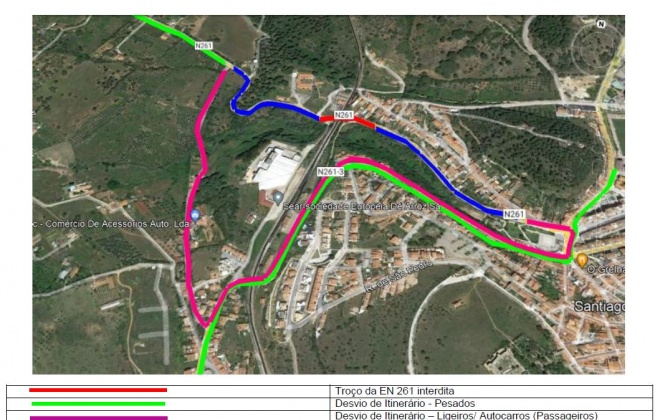 Corte de trânsito na Estrada Nacional 261 entre Santiago do Cacém e Vila Nova de Santo André