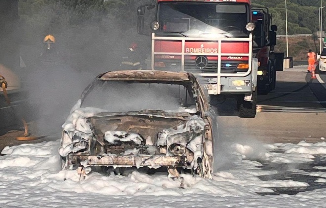 Incêndio em viatura alastra a zona de mato na A2 em Alcácer do Sal